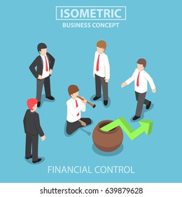 Flat 3d isometric businessman playing the flute to control stock market graph, business and financial management concept