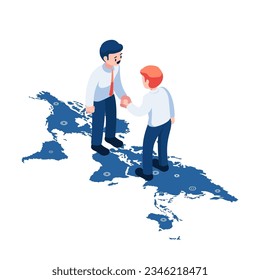 Flat 3d Isometric Businessman or Politician Shaking Hands Over World Map. International Negotiations and Global Business Concept.