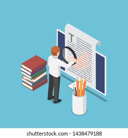 Flat 3d isometric businessman proofreading a document on pc monitor. proofread and content writing concept.