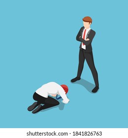 Flat 3d Isometric Businessman Prostrated in front of Business Leader. Leadership concept.