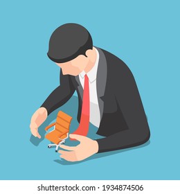 Plana 3d Isometric Business Man Protecting Office Chair. Concepto de seguridad y protección laboral.