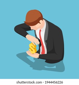 Flat 3d Isometric Businessman Protecting Dollar Sign. Money Protection Concept.