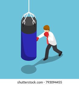 Flat 3d isometric businessman punch the blue punching bag. Business training concept.