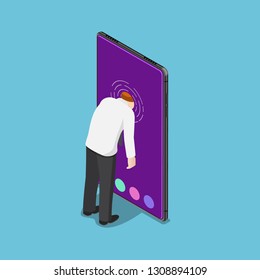 Flat 3d isometric businessman push his head into smartphone. Smartphone addiction concept.