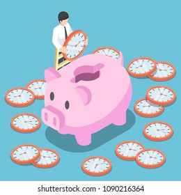 Flat 3d isometric businessman putting a clock into a pink piggy bank. Time saving and time management concept.