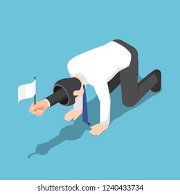 Flat 3d isometric businessman raising the white flag and serrendering from his opened head. Business failure concept.