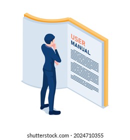 Flat 3d Isometric Businessman Reading User Manual. User Guide Manual Concept.
