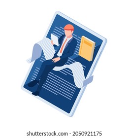 Flat 3d Isometric Businessman Reading Book with Digital Tablet. E-book and Online Education Concept.