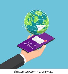 Flat 3d isometric businessman received email on smartphone with paper airplane flying around the world. Email marketing concept.