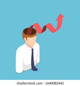 Flat 3d isometric businessman with red growth graph come out from his head. Career success and growth mindset concept.