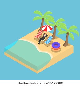 Flat 3d isometric businessman relaxing on the beach, relax and going on a vacation concept.