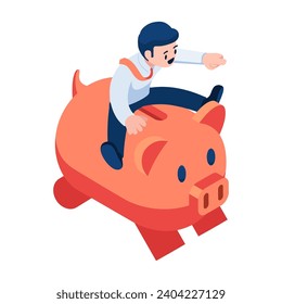 Un empresario isométrico y plano de 3d que viaja a Piggybank y avanza. Concepto de gestión financiera y planificación de inversiones