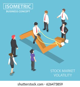 Flat 3d Isometric Businessman Riding Skittish Stock Market Graph, Investment Risk And Stock Market Volatility Concept