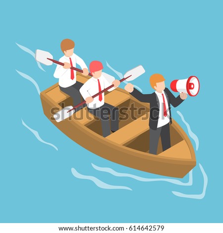 Flat 3d isometric businessman in rowing team with leader command and control through a megaphone, leadership and teamwork concept