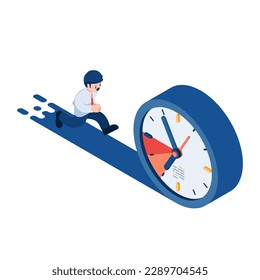 Un Empresario Isometric Plano Sigue El Reloj. Concepto de administración de plazos y plazos.