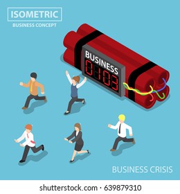 Flat 3d Isometric Businessman Run Away From Business Timer Bomb, Business Crisis And Deadline Concept