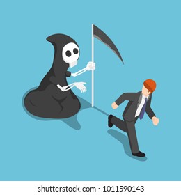 Flat 3d isometric businessman running away from angel of death. Business deadline concept.