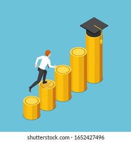 Flat 3d isometric businessman running to graduation cap on the highest stack of golden coin. Investment in education concept.