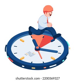 Flat 3d Isometric Businessman Running on Deadline Clock. Business Deadline and Time Management Concept.
