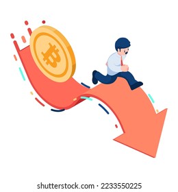 Flat 3d Isometric Businessman Running on Fluctuated Market Chart with Bitcoin. Bitcoin Volatility and Cryptocurrency Investment Concept.