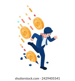 Flat 3d Isometric Businessman Running Away from Falling Money. Financial Crisis and Bankruptcy Concept.