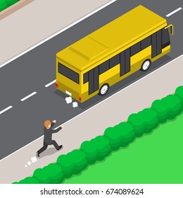 Flat 3d Isometric Businessman Is Running Follow The Bus, Late For Work Business Concept