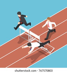 Flat 3d isometric businessman running with obstacle in hurdle race. Business competition concept.