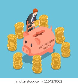 Flat 3d isometric businessman saving money in piggy bank. Retirement fund and financial concept.