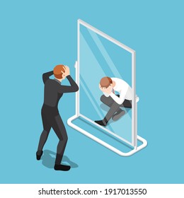 Flat 3d Isometric Businessman See Himself Failure in The Mirror. Business Failure and Low Self-Esteem Concept.