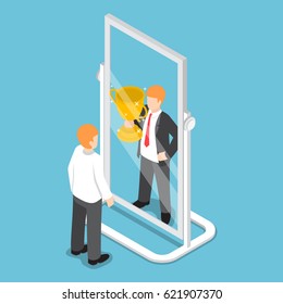 Flat 3d isometric businessman see himself being successful in the mirror, successful career concept