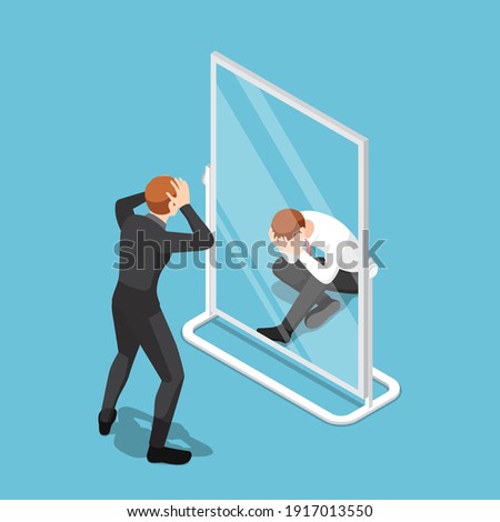 Flat 3d Isometric Businessman See Himself Failure in The Mirror. Business Failure and Low Self-Esteem Concept.