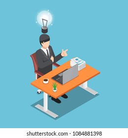 Flat 3d isometric businessman sitting on his desk and got new idea. Business idea concept. 