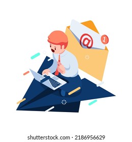 Flat 3d Isometric Businessman Sitting on Paper Planes using Laptop with Email. Email Marketing and Subscription Service Concept.