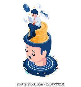 Flat 3d Isometric Businessman Sitting on Money Inside Head. Personal Finance Management and Financial Literacy concept.