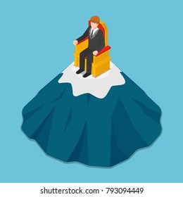 Flat 3d isometric businessman sitting on the throne at top of mountain. Business success and leadership concept.