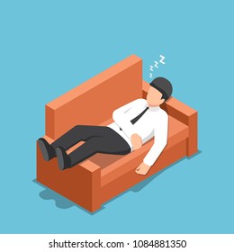 Flat 3d isometric businessman sleeping on the couch. relaxing concept.