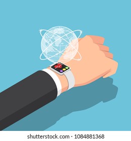 Flat 3d isometric businessman with smartwatch on his wrist and virtual world. Business and technology concept.