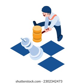 Flat 3d Isometric Businessman Smashing King Chess by Hammer. Business Competition and Strategy Concept.