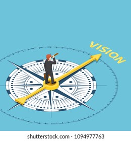 Flat 3d isometric businessman with spyglass telescope on compass that point to vision word. Business vision concept.