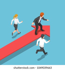 Flat 3d isometric businessman standing on red arrow at leader position. business success and leadership concept.