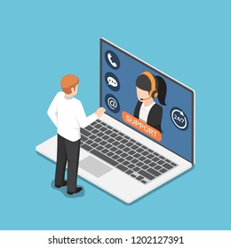 Flat 3d isometric businessman standing in front of laptop with online customer service. Customer support concept.