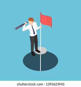 Flat 3d isometric businessman standing on pole with telescope come up from the hole. Business vision concept.