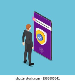 Flat 3d isometric businessman standing with shield and security system on smartphone. Smartphone security system and data protection concept.