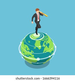 Flat 3d Isometric Businessman Standing On The World And Looking Through A Telescope. Buisness Vision And Opportunity Concept.