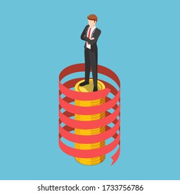 Flat 3d isometric businessman standing on coin stack with spiral growth arrow. Business success and leadership concept.