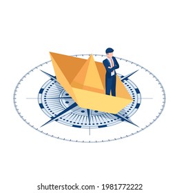 Flat 3d Isometric Businessman Standing on Paper Boat Over The Compass. Business and Leadership Concept.