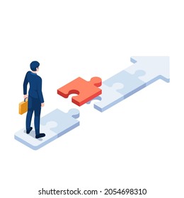 Flat 3d Isometric Businessman Standing On Puzzle Arrow With Last Piece Of Jigsaw. Business Solution And Career Path Concept.