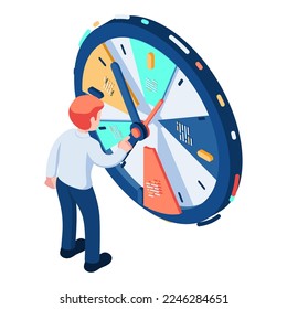 Empresario isométrico plano 3d con reloj de gestión del tiempo. Concepto de administración de tiempo.