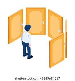 Flat 3d Isometric Businessman Standing with Doors of Opportunities. Business Decision and Career Path Choosing Concept.