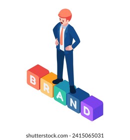 Flat 3d Isometric Businessman Standing on Brand. Brand Building and Personal Branding Concept.